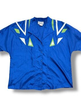 Vintage 80s City Girl Blue Geometric Short Sleeve Button-Up Top Women’s Size 1X